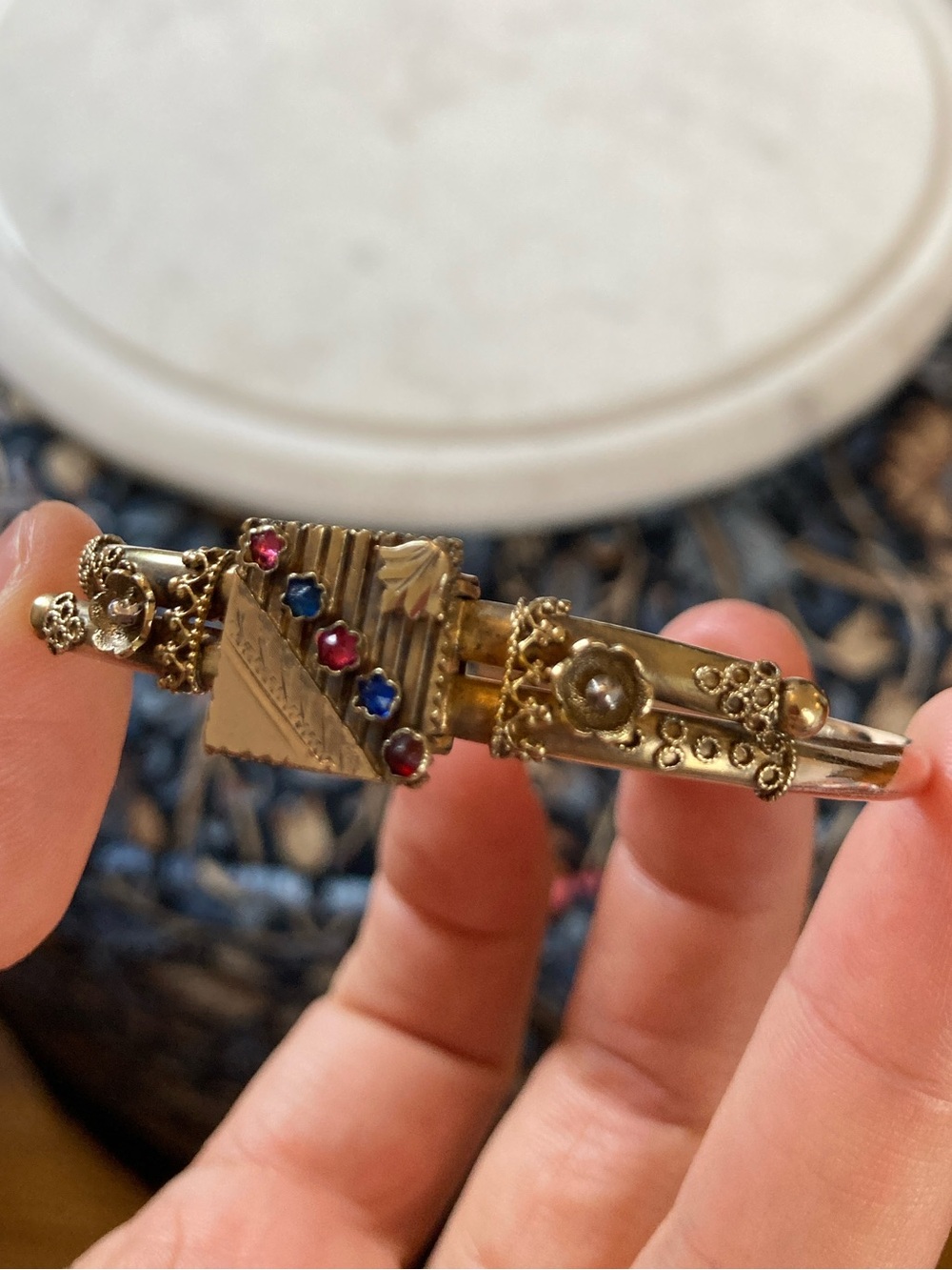 Antique Victorian Rose-Cut Garnet & Paste Etruscan Bracelet PAT. July 14, 1885 - Picture 8 of 16